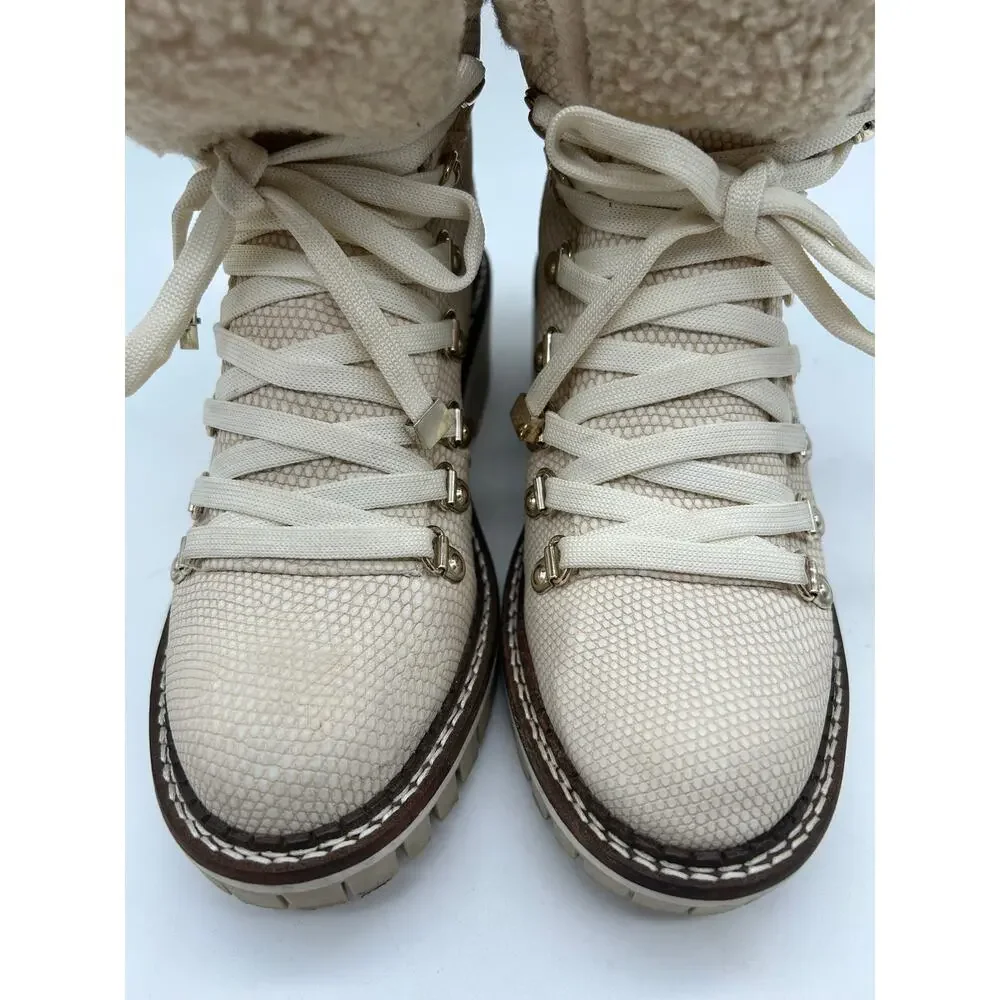 JLO Cream Faux Fur Snake Embossed Lace Up Hiker Boots SIZE 6 Winter Snow Outdoor